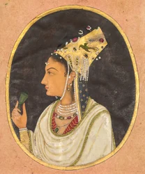 Ovalt porträtt av en kvinna i en Chaghtai-hatt, ca. 1740-50 (ogenomskinlig akvarell och guld på papper)