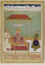 Porträtt av Shah Aurangzeb med en man, möjligen Ashraf Khan, tidigt 1700-tal (Ogenomskinlig akvarell, bläck och guld på papper)