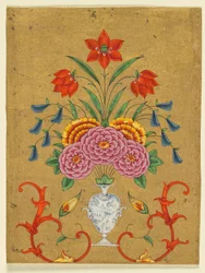 Vas med blomsterarrangemang och scrollwork, ca 1750-1800 (opak akvarell med guld på papper)