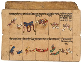 En Thyasapu-manuskript med ikonografiska illustrationer av mudras, Nepal