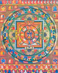 Chakrasambhara Mandala, föreställande huvudguden Sambhara som omfamnar sin gemål Vajrabarahi och symboliserar föreningen av visdom och praktik för att uppnå högsta salighet (gouache på duk)