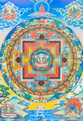Chenresi mandala; figuren i mitten föreställer medkänslans Buddha, den himmelska manifestationen av Amitava Buddha, alltid nära lidande varelser (gouache på tyg)