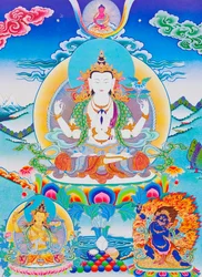 Bild som föreställer Chenresi, herren över de sex stavelserna "Om Mani Padme Hum" (gouache på tyg)