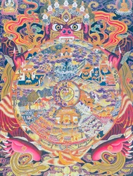 Bild föreställande livshjulet, föreställande Kalachakra eller den bedrägliga existensen som hålls i munnen av Yama, dödsguden som representerar födelse, död och återfödelse (gouache på duk)