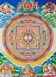 Mandala med tusenarmade Avalokiteshvara; den heliga, magiska cirkeln som avbildar den elvahövdade bodhisattvan, en symbol för oändlig medkänsla