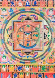 Pancha Buddha Mandala, skildrar fem former av Buddha som symboliserar fem sorters visdom (gouache på tyg)