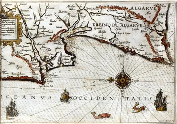 Cape Sagres (eller Sacred Cape) i slutet av Portugal efter Luca J. Waghenaers portulan Treesor av zeevaert tryckt i Leiden 1592
