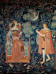 Ridån för det seigneuriala livet: artig kärleksscen. Detalj. Gobeläng av ull och siden tillverkad omkring 1520 i Nederländerna. Paris, Nationalmuseet för medeltiden, Thermes de Cluny