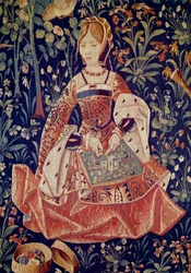 Upphängning av seigneurialt liv: Broderi. Detalj. Gobeläng av ull och siden tillverkad omkring 1520 i Nederländerna. Paris, Nationalmuseet för medeltiden, Thermes de Cluny