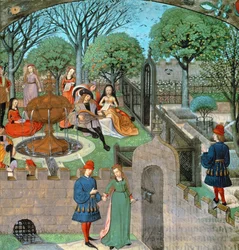 Harl 4425 f.12v Trädgårdsscen, älskaren och damen Oyseuse (Idleness) utanför trädgårdens väggar, från 