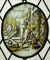 Roundel: Tobias bränner fiskens lever (målat glas)