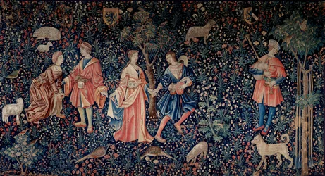Lordship Lifes ridå: en galant scen. Gobeläng av ull och siden tillverkad omkring 1520 i Nederländerna. Sön 2,6x3,7 m Paris, medeltidens nationalmuseum, Thermes de Cluny