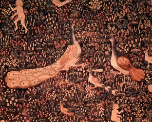 Ridån till det seigneuriala livet: detalj med fåglar och en påfågel. Gobeläng av ull och siden, tillverkad omkring 1520 i Nederländerna. 2,6 x 3,7 m, Paris, Nationalmuseet för medeltiden, Thermes de Cluny