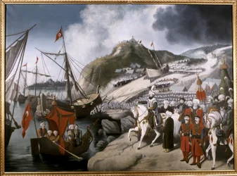 OTTOMANSKA EMPIRATET: Sultan Mehmet Erövrarens skepp sjösätts vid Gyllene hornet under den... (olja på duk)