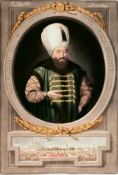 Osmanska riket: Porträtt av Sultan Ahmed I (1590-1617)”” Miniatyrbiblioteket på Topkapi Sarayi Istanbul Museum