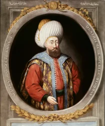 Osmanska riket: porträtt av den fjärde osmanske sultanen Bayezid I, känd som Yıldırım (Blixten) (1389-1402). Topkapıpalatsets bibliotek, Istanbul