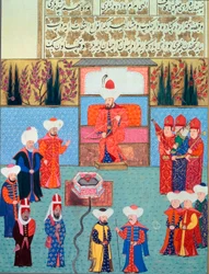 Sultan Orhan (Orkhan eller Urchan) I (1281-1360) har sin miniatyrdomstol från "Hunername" av Lokman, vol. 1 (H 1523, f.7) 1584 Topkapi Sarayi Museum Library Istanbul