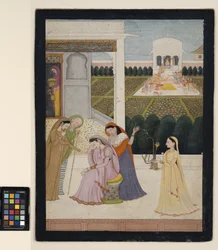 En dam tröstar sig, medan de andra spelar Holi, ca 1790 (ogenomskinlig akvarell, silver och guld på papper)