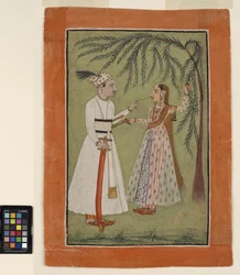 En linjal som drar ett hårlock av en dam som håller i ett träd, ca 1705 (ogenomskinlig akvarell och guld på papper)