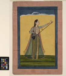 En kvinna som stämmer sin tambura, ca 1740 (opak akvarell på papper)