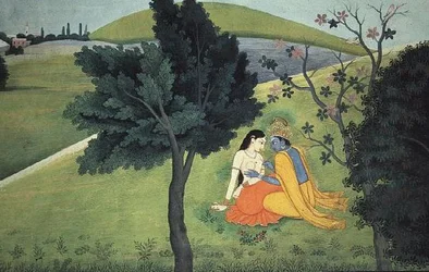 Krishna smyckar Radhas bröst, ur serien ”Gita Govinda”, tillskriven antingen Kushala eller Gaudhu, Kangra, Himachal Pradesh, cirka 1780