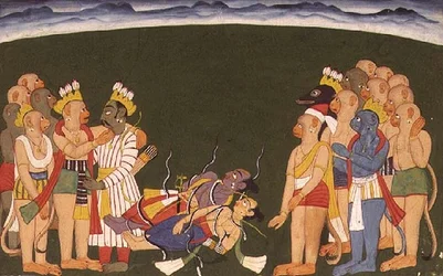 Rama och Lakshmana attackerade med nagapasa, från "Sangri Ramayana", Kulu-Mandi, Himachal Pradesh