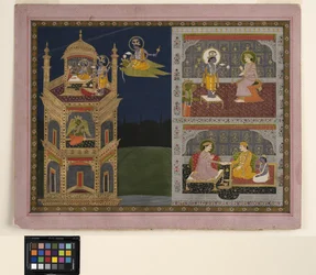 Vishnu närmar sig ett gyllene torn på Garuda, ca 1825 (ogenomskinlig akvarell och guld på papper)