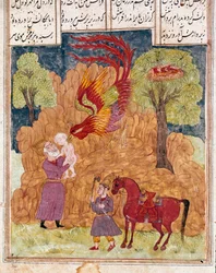 Islamisk konst: Den sagolika fågeln Simurgh, liknande fenixfågeln, bär Zal, kung Siyams son, som övergavs i bergen eftersom han inte är albino. Persisk miniatyr ur ett manuskript till det episka poemet “Shahnameh” (Shah Nama, Shahnama), Kungarnas bok