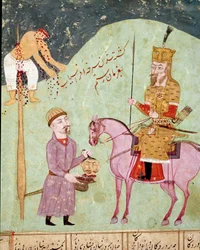 Islamisk konst: En fiende spetsas och halshuggs. Persisk miniatyr ur ett manuskript till den episka dikten "Shahnameh" (Shah Nama, Shahnama) (Kungaboken) av Ferdowsi (Firdawsi, eller Ferdawsi, eller Firdousi, ca. 940-omkring 1020). Biblioteca Nazionale