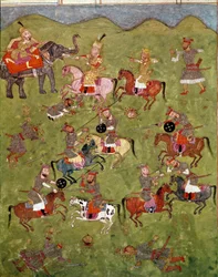 Islamisk konst: stridsscen. Persisk miniatyr ur ett manuskript av det episka poemet ”Shahnameh” (Shah Nama, Shahnama) (Kungaboken) av Ferdowsi (Firdawsi, Ferdawsi eller Firdousi, ca 940-omkring 1020). Biblioteca Nazionale, Neapel