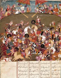 Islamisk konst: stridsscen. Persisk miniatyr ur ett manuskript med det episka poemet ”Shahnameh” (Shah Nama, Shahnama) (Kungarnas bok) av Ferdowsi (Firdawsi, Ferdawsi eller Firdousi, ca 940 till omkring 1020), Biblioteca Nazionale, Neapel