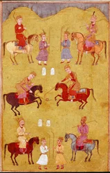 Islamisk konst: polomatchen. Persisk miniatyr ur ett manuskript med det episka poemet ”Shahnameh” (Shah Nama, Shahnama) (Kungarnas bok) av Ferdowsi (Firdawsi, Ferdawsi eller Firdousi, ca 940 till omkring 1020), Biblioteca Nazionale, Neapel
