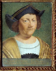 Porträtt av navigatören Christopher Columbus (1451-1506) Målning på velinpapper från den portugisiska skolan