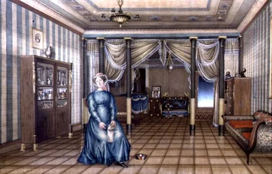 A Spinster i en nyklassisk vardagsrumsinteriör, ca 1835 (akvarell med förhöjning på papper)