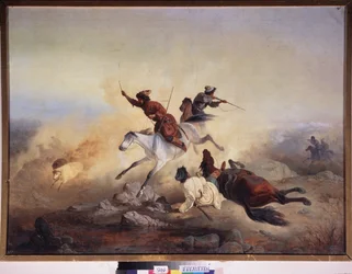 Rovdjursattack. Strid och förföljelse till häst i bergen i Dagestan (Daghestan), mellan den ryska armén och de kaukasiska kämparna, mellan 1830 och 1860. Målning av en rysk mästare, olja på duk. rysk konst