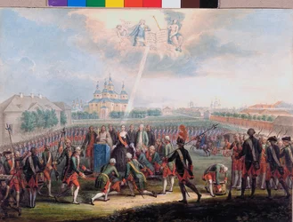 Katarina II hälsades av Izmaylovsky livräddarregemente på Palace Revolutions dag den 28 juni