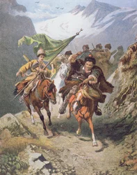 Kosacker från Kaukasus återvänder från en räd mot en bosättning av muslimska kosacker med en fången halvmånebanner (färg litho)