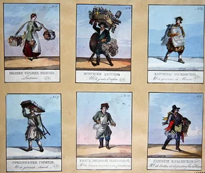 "Cries of St. Petersburg", tidigt 1800-tal (färg litho)