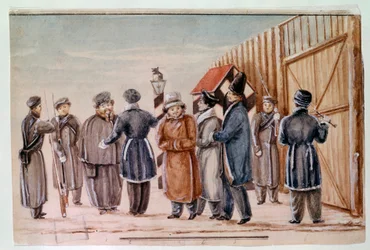 Decembrists lämnar för promenaden till Tcheta-fängelset. Decembrists (eller Decabrists) var förövarna av kuppförsöket i St. Petersburg den 14 december 1825 för att få en modern konstitution från regimen. Akvarell av 1827 Moskva, Pushki
