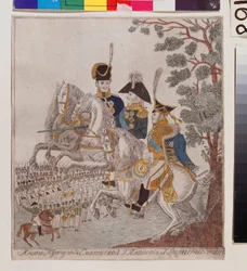 Hjältar från det fosterländska kriget 1812: Prins Mikhail Kutuzov (Golenishchev Kutuzov) (Golenishchev-Koutuzov) (1745-1813), G. Platov (?) och Peter Wittgenstein (1769-1843). Med Grande Armee under invasionen av Ryssland, under befäl