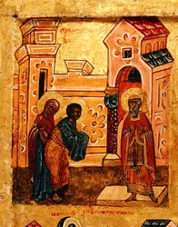 Ikon som föreställer Joachim och Anna som besöker templet i Jerusalem, ca 1550 (tempera & bladguld på panel) (detalj av 314500)