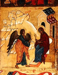 Ikon som föreställer budkavlen, ca 1550 (tempera och bladguld på panel) (detalj av 314500)