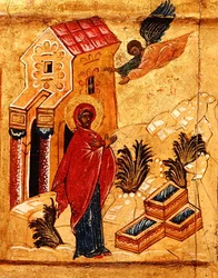 Ikon som visar bebådelsen till St. Anne, ca 1550 (tempera & bladguld på panel) (detalj av 314500)
