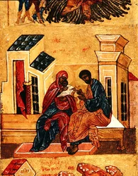 Ikon som föreställer Jungfrun med hennes föräldrar, Joachim och Anna, ca 1550 (tempera & bladguld på panel) (detalj 314500)