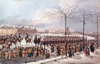 1825 Revolt of the Decembrists (Decabrists) i framtiden för Nicholas I för att få en ny konstitution. Gravyr från 1830. St Petersburg. Eremitagebiblioteket