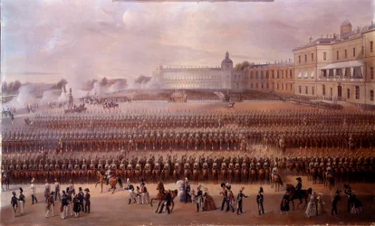 Invigning 1852 av monumentet tillägnat Paul I i Gatchina under Nicholas I:s styre (Ryssland). Målning av den ryska skolan. Sankt Petersburg, Chateau De Peterhof