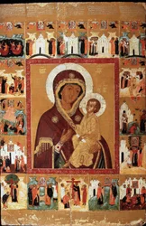 The Virgin of Tikhvin with the Wonders (The Tikhvin Virgin With The Wonders). Rysk ikon, tidigt 1600-tal. rysk konst. Tjuvasjrepublikens statliga konstmuseum, Cheboksary (Chuvashia).
