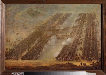 Slaget vid Poltava (Pultawa) den 8 juli 1709. (Rader av kavalleri drabbar samman under det stora norra kriget (1700-1721), Peter I av Rysslands armé (1672-1725) mot Karl (Karl) XII:s trupper av Sverige (1682-1718) Målning av en