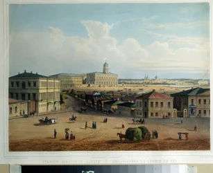 Moskvas järnvägsstation. Målning av en rysk mästare. Olja på duk, ca 1830-1840. Rysk konst från 1800-talet. A. Pushkin Memorial Museum, Sankt Petersburg.