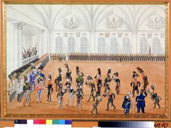Vaktparaden. Anonym målning. Akvarell på papper, ca 1820. Rysk konst, satir. A. Pushkin Memorial Museum, Sankt Petersburg.